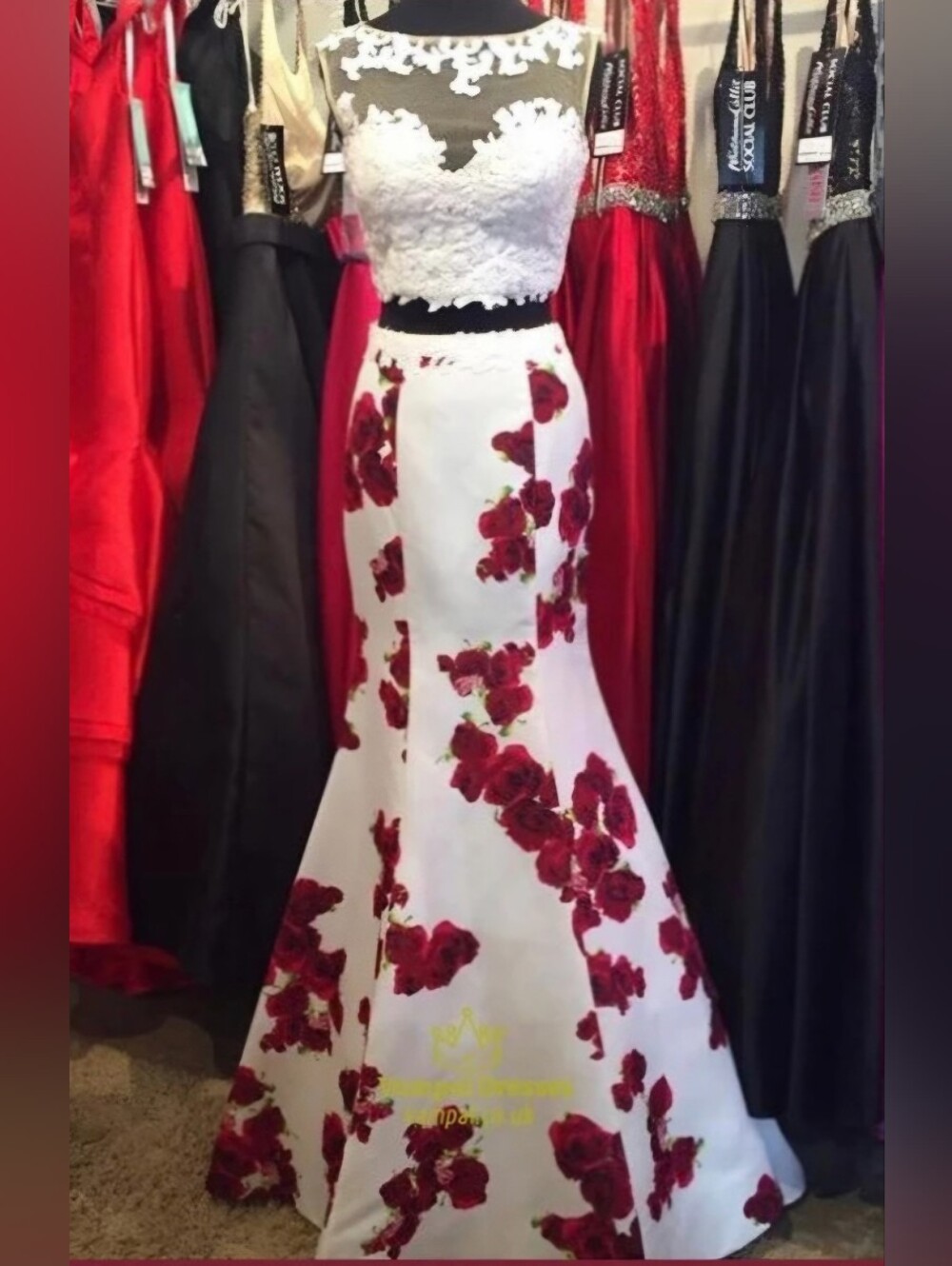 JOVANI Floral Lace Two-Piece Evening Dress Gown - White w/Red Floral Size 10 NWT
